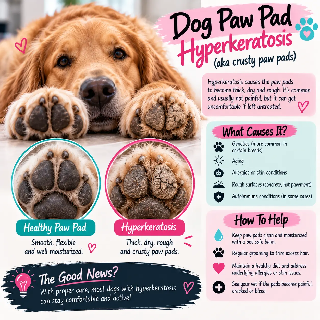 Infographic comparing a healthy dog paw pad, smooth and moist, with a hyperkeratosis paw pad, thick, dry, and cracked, with common causes and care tips.